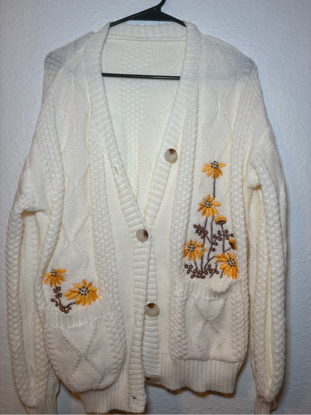 Cream Floral Embroidered Button-Front Women’s Sweater Cardigan